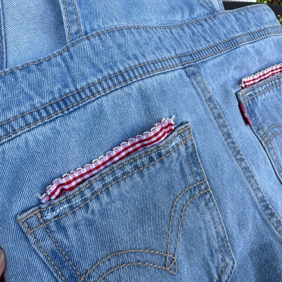 Levi's Customized Blue Overalls with Hand-sewn Red and White Strawberry Details - Picture 8 of 16